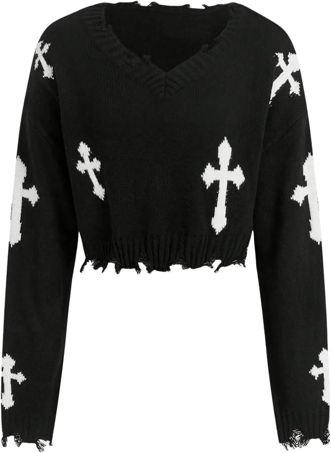 Women's Graphic Gothic Long Sleeve Sweaters Distressed V Neck Knit Crop Top Pipped Sweater Fall Pullover Sweaters