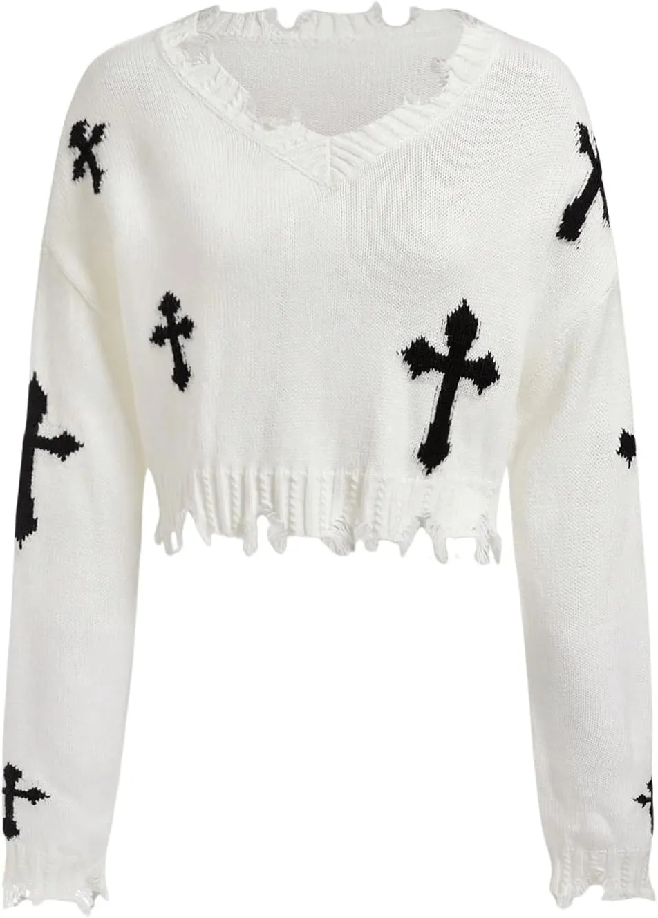 Women's Graphic Gothic Long Sleeve Sweaters Distressed V Neck Knit Crop Top Pipped Sweater Fall Pullover Sweaters