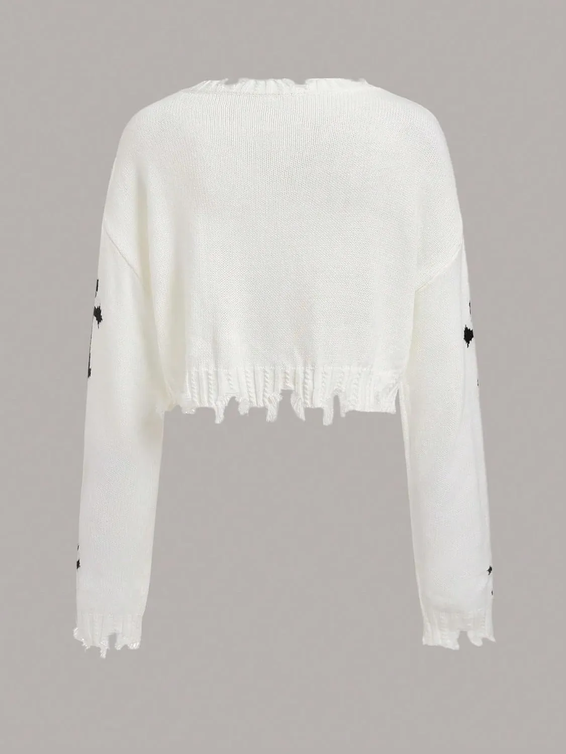 Women's Graphic Gothic Long Sleeve Sweaters Distressed V Neck Knit Crop Top Pipped Sweater Fall Pullover Sweaters