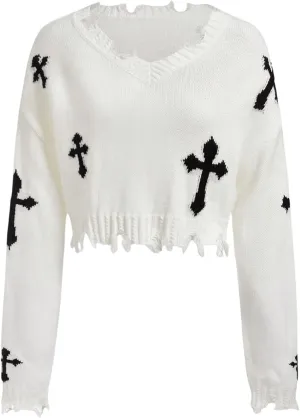 Women's Graphic Gothic Long Sleeve Sweaters Distressed V Neck Knit Crop Top Pipped Sweater Fall Pullover Sweaters