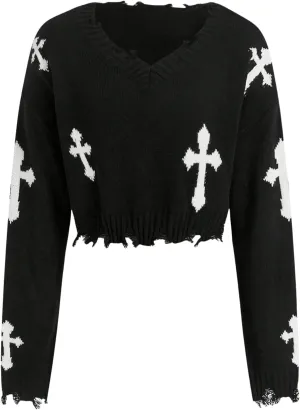Women's Graphic Gothic Long Sleeve Sweaters Distressed V Neck Knit Crop Top Pipped Sweater Fall Pullover Sweaters