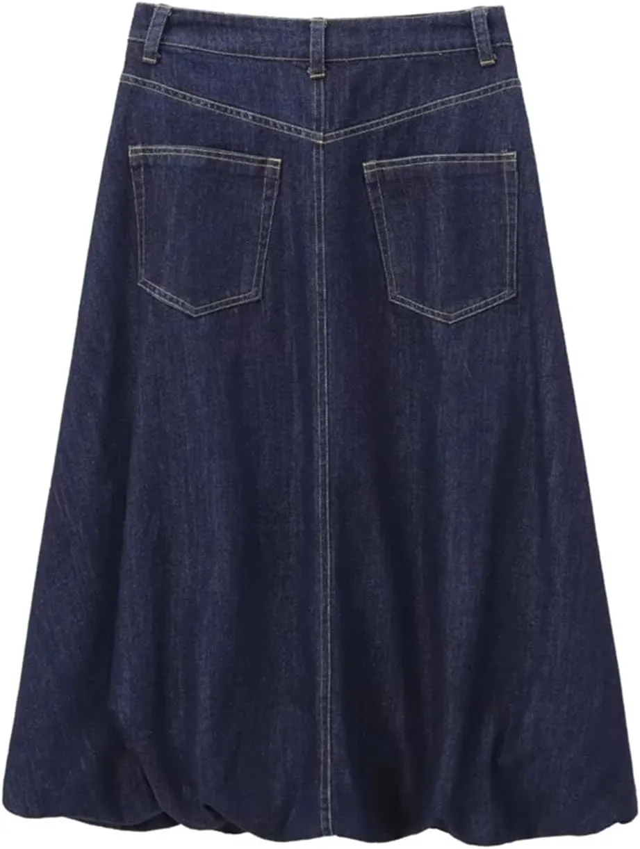 Women's High-Waist Denim Skirt Casual Midi A-Line Jean Skirt