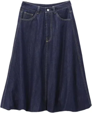 Women's High-Waist Denim Skirt Casual Midi A-Line Jean Skirt