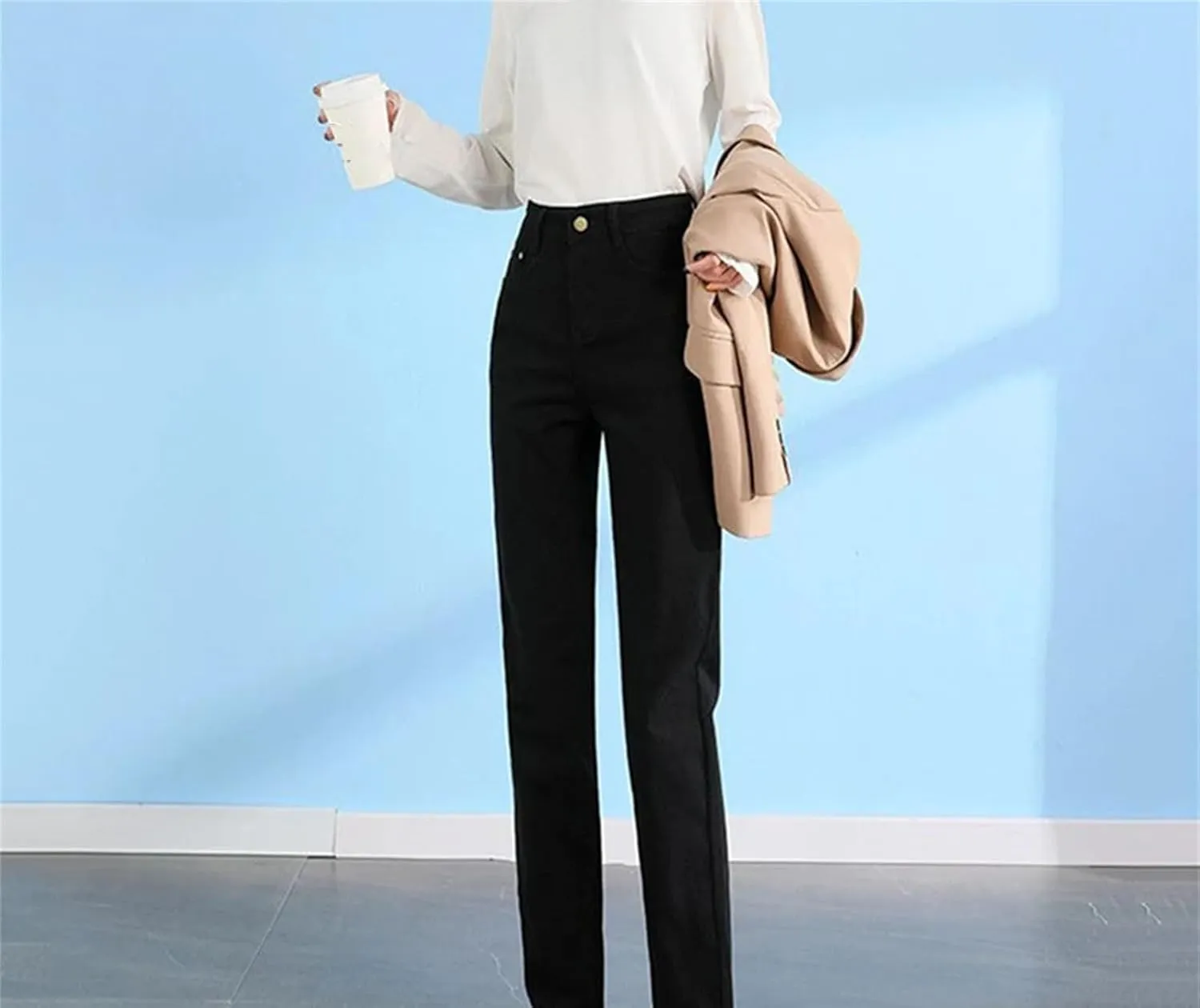 Women's High Waist Straight Jeans Casual Stretch Denim Pants Retro Classic Casual Skinny Trousers