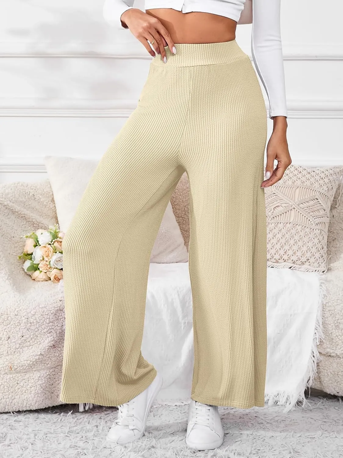 Women's High Waisted Drawstring Waist Wide Leg Solid Color Pants Sweatpants Casual Loose Yoga Pants with Pockets
