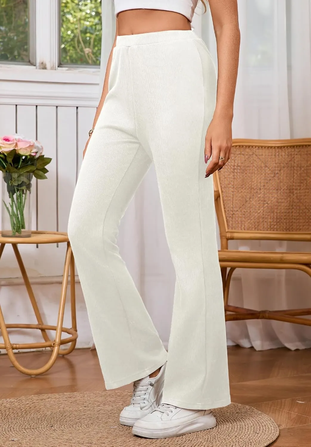 Women's High Waisted Drawstring Waist Wide Leg Solid Color Pants Sweatpants Casual Loose Yoga Pants with Pockets
