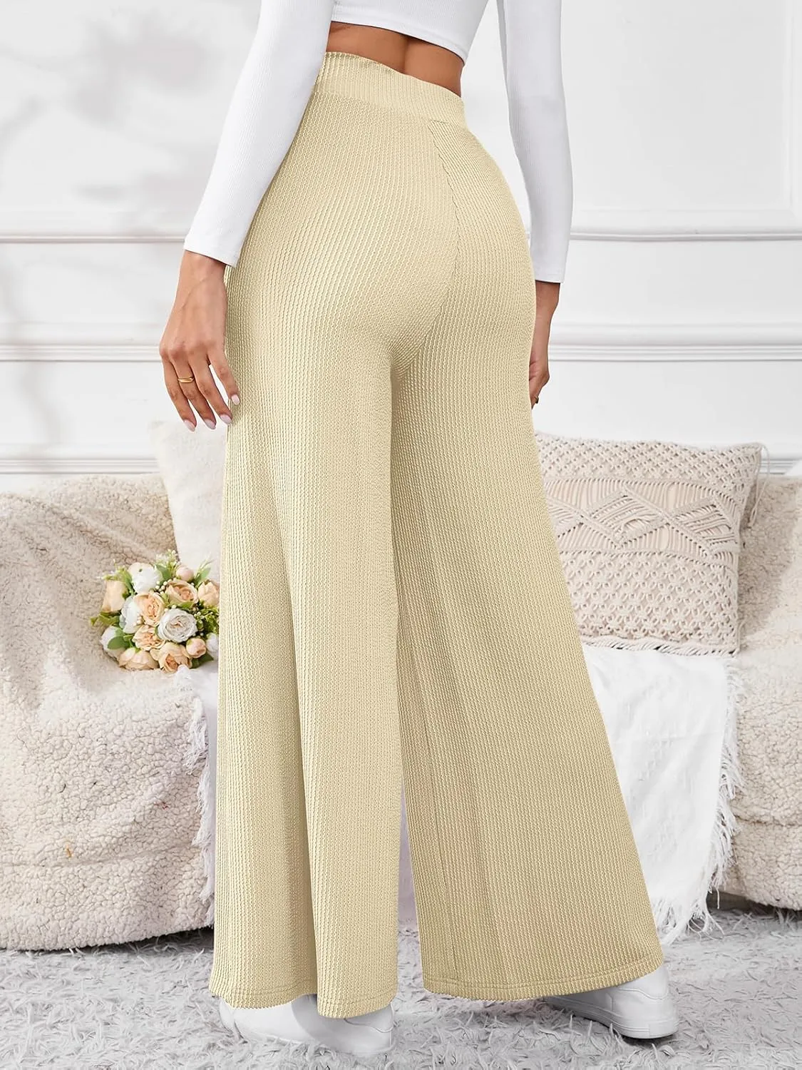 Women's High Waisted Drawstring Waist Wide Leg Solid Color Pants Sweatpants Casual Loose Yoga Pants with Pockets