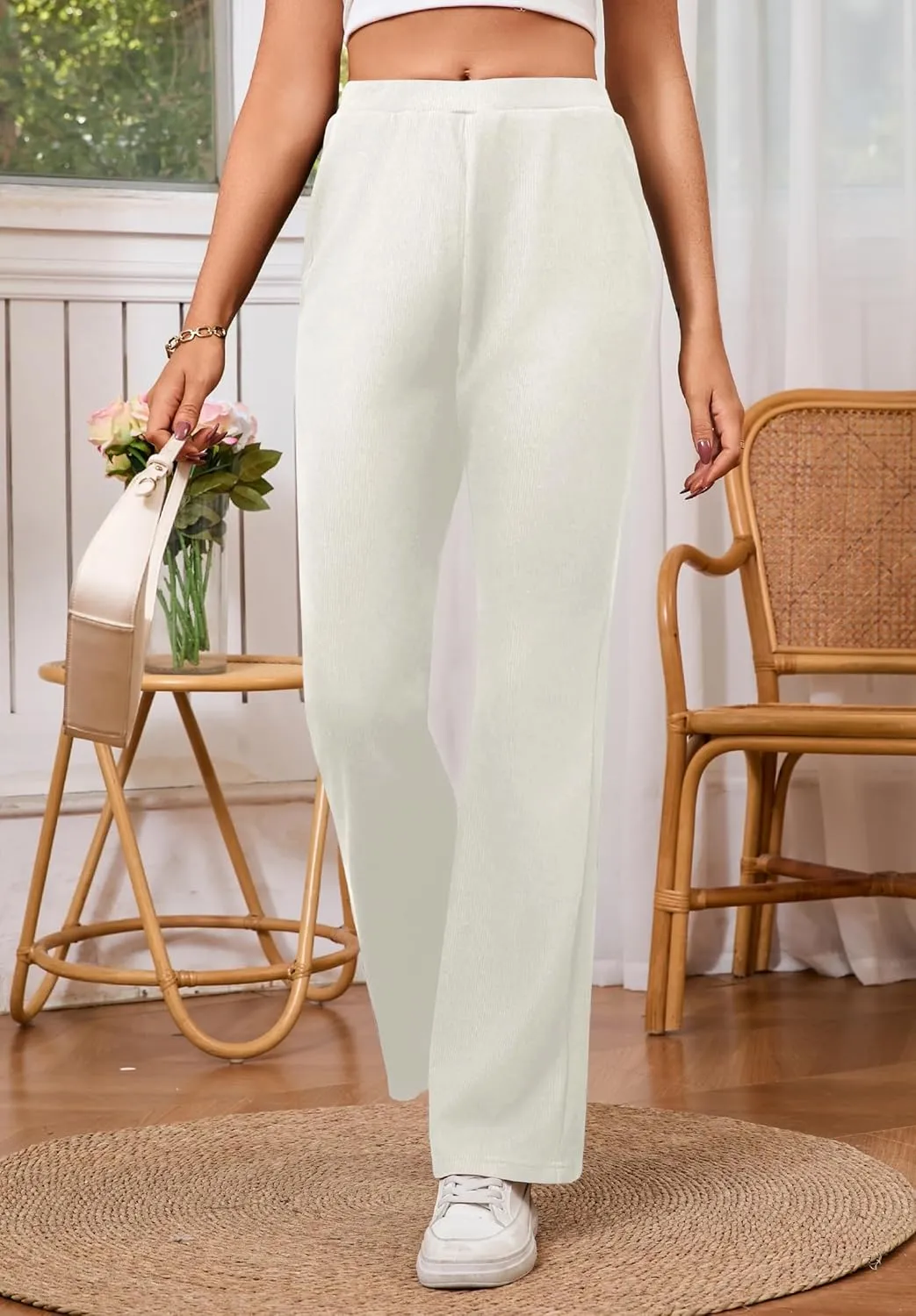 Women's High Waisted Drawstring Waist Wide Leg Solid Color Pants Sweatpants Casual Loose Yoga Pants with Pockets