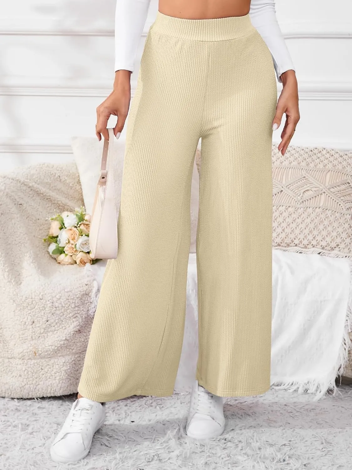 Women's High Waisted Drawstring Waist Wide Leg Solid Color Pants Sweatpants Casual Loose Yoga Pants with Pockets