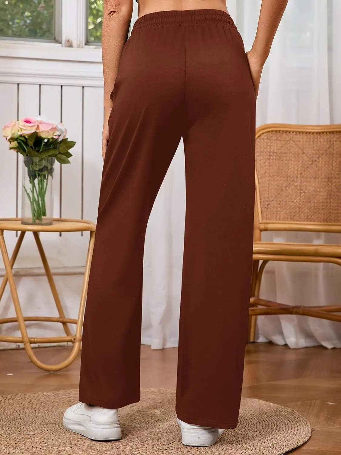 Women's High Waisted Drawstring Waist Wide Leg Solid Color Pants Sweatpants Casual Loose Yoga Pants with Pockets