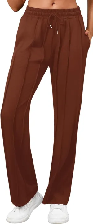 Women's High Waisted Drawstring Waist Wide Leg Solid Color Pants Sweatpants Casual Loose Yoga Pants with Pockets