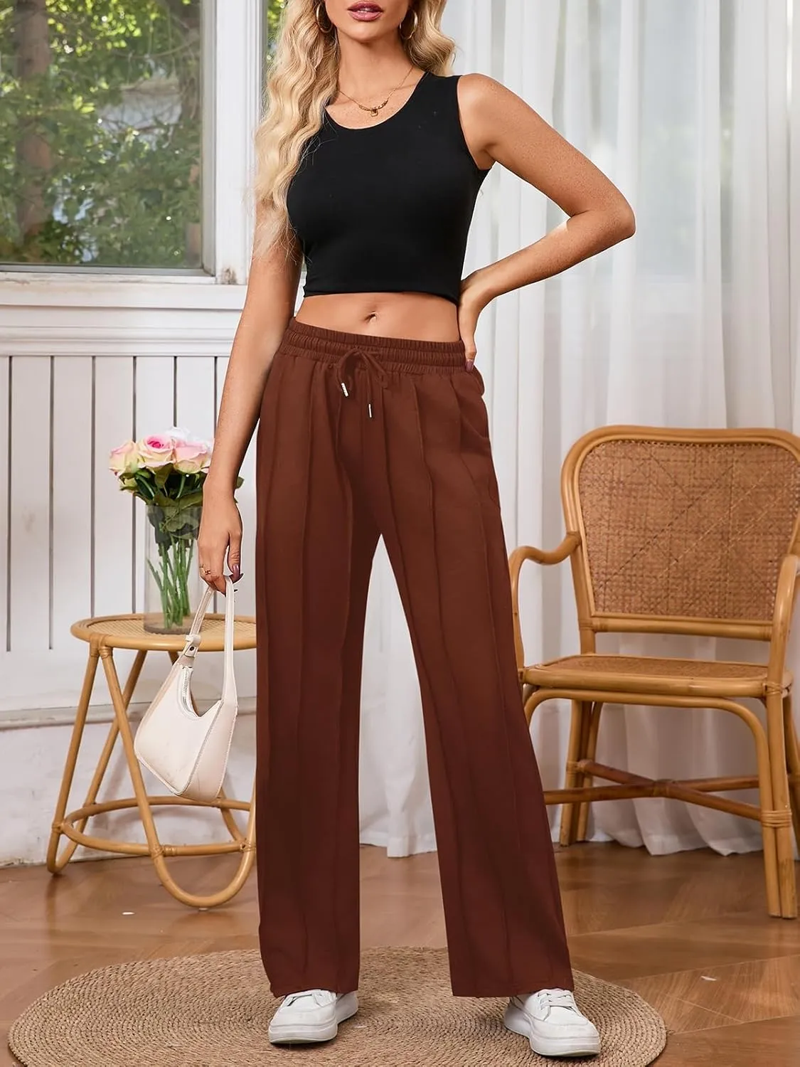 Women's High Waisted Drawstring Waist Wide Leg Solid Color Pants Sweatpants Casual Loose Yoga Pants with Pockets