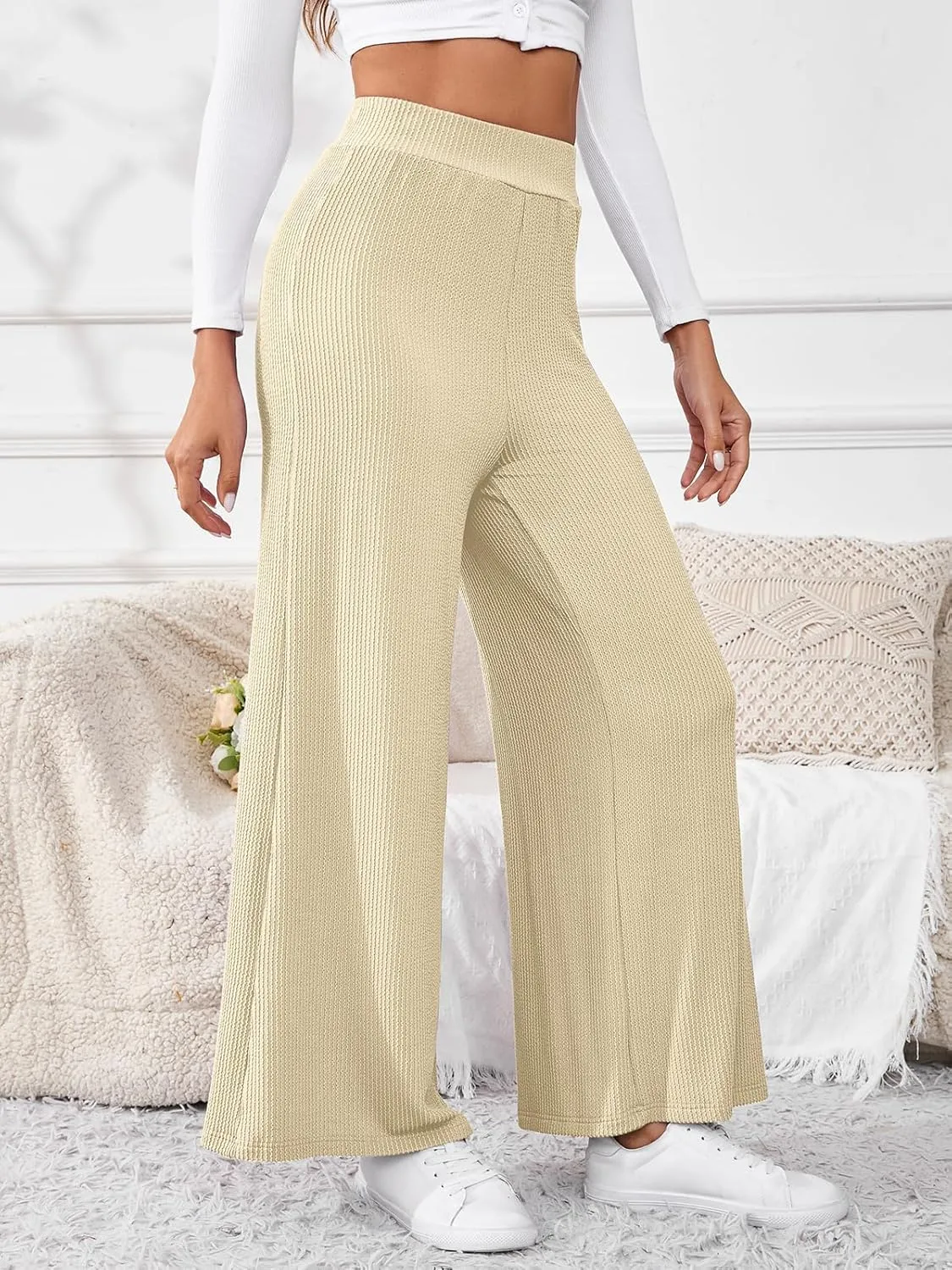 Women's High Waisted Drawstring Waist Wide Leg Solid Color Pants Sweatpants Casual Loose Yoga Pants with Pockets