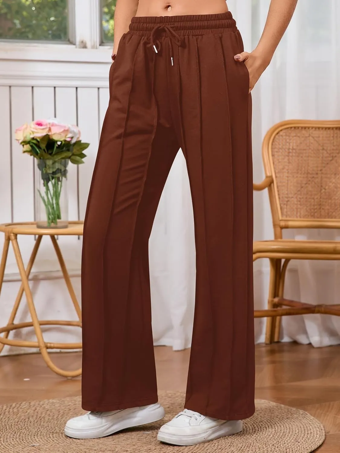 Women's High Waisted Drawstring Waist Wide Leg Solid Color Pants Sweatpants Casual Loose Yoga Pants with Pockets