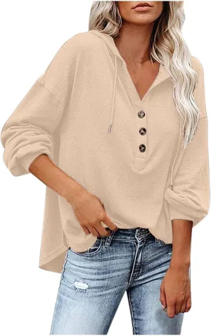 Womens Hoodies Loose Fit Sweatshirt Casual Long Sleeve Button V Neck Shirts Pullover Tops Fashion Cute Blouse Tops