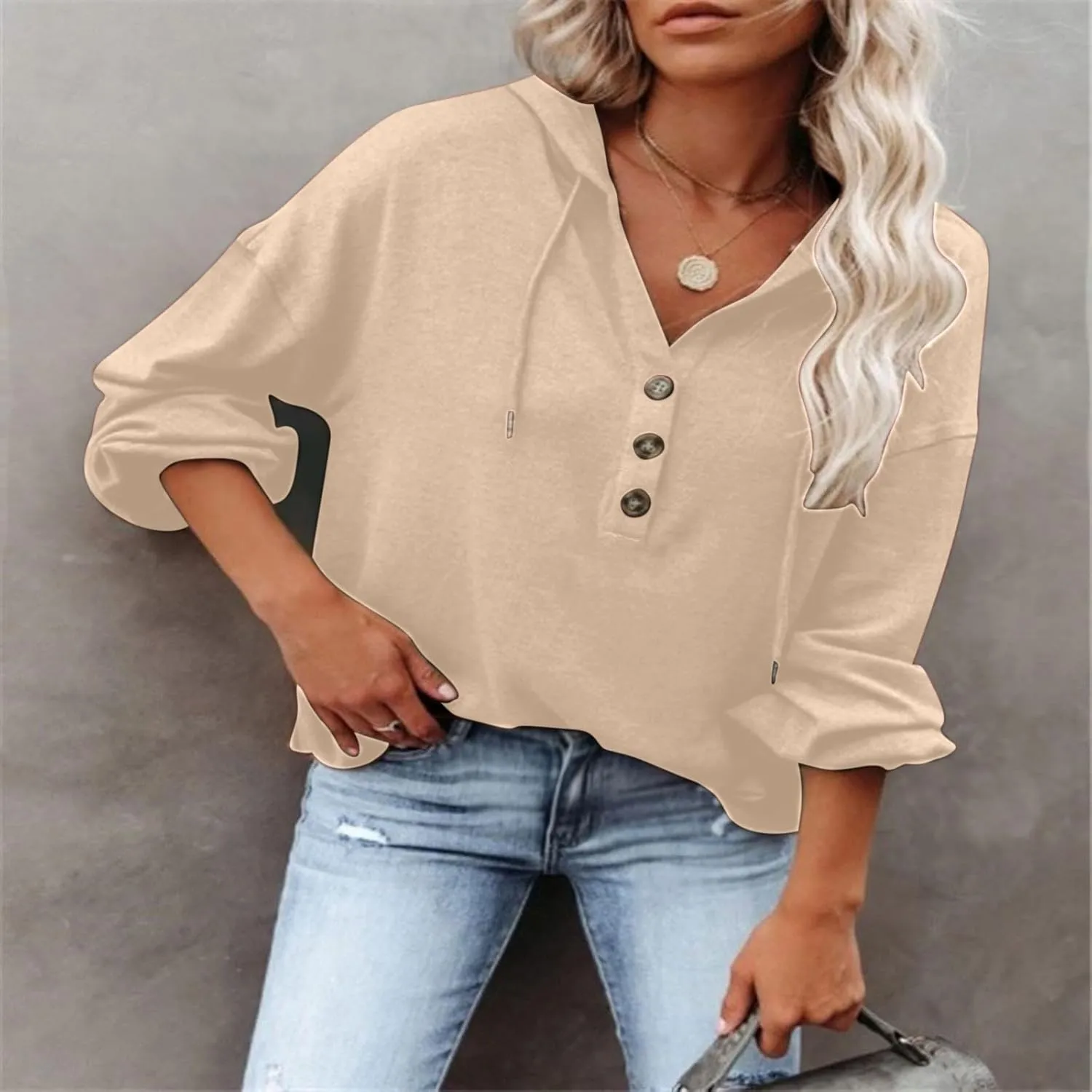 Womens Hoodies Loose Fit Sweatshirt Casual Long Sleeve Button V Neck Shirts Pullover Tops Fashion Cute Blouse Tops