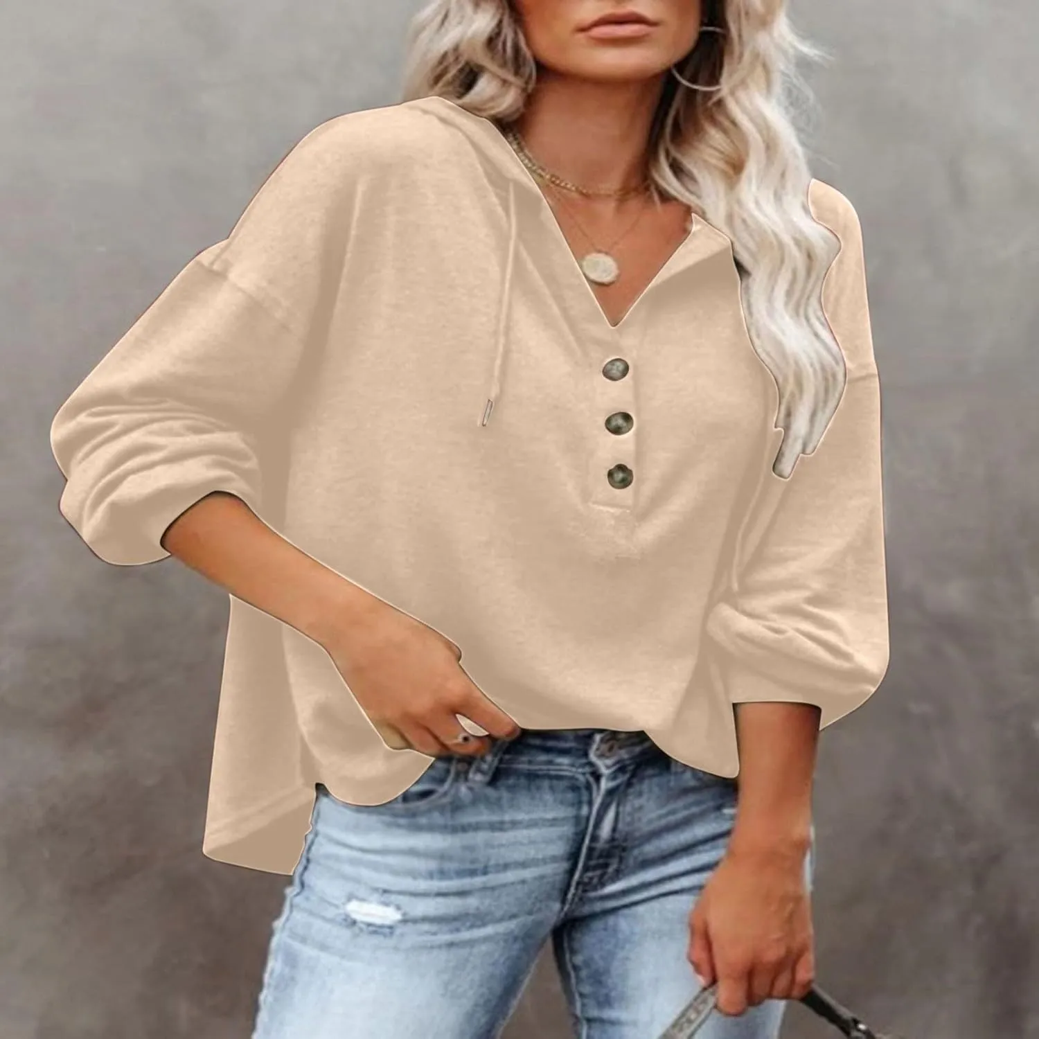 Womens Hoodies Loose Fit Sweatshirt Casual Long Sleeve Button V Neck Shirts Pullover Tops Fashion Cute Blouse Tops
