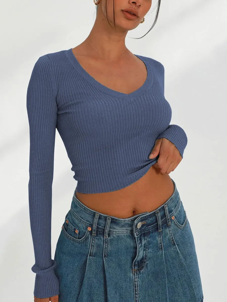 Women's Long Sleeve Sexy V Neck Slim Fit T Shirts Y2k Style Ribbed Knit Solid Color Casual Basic Tee Tops