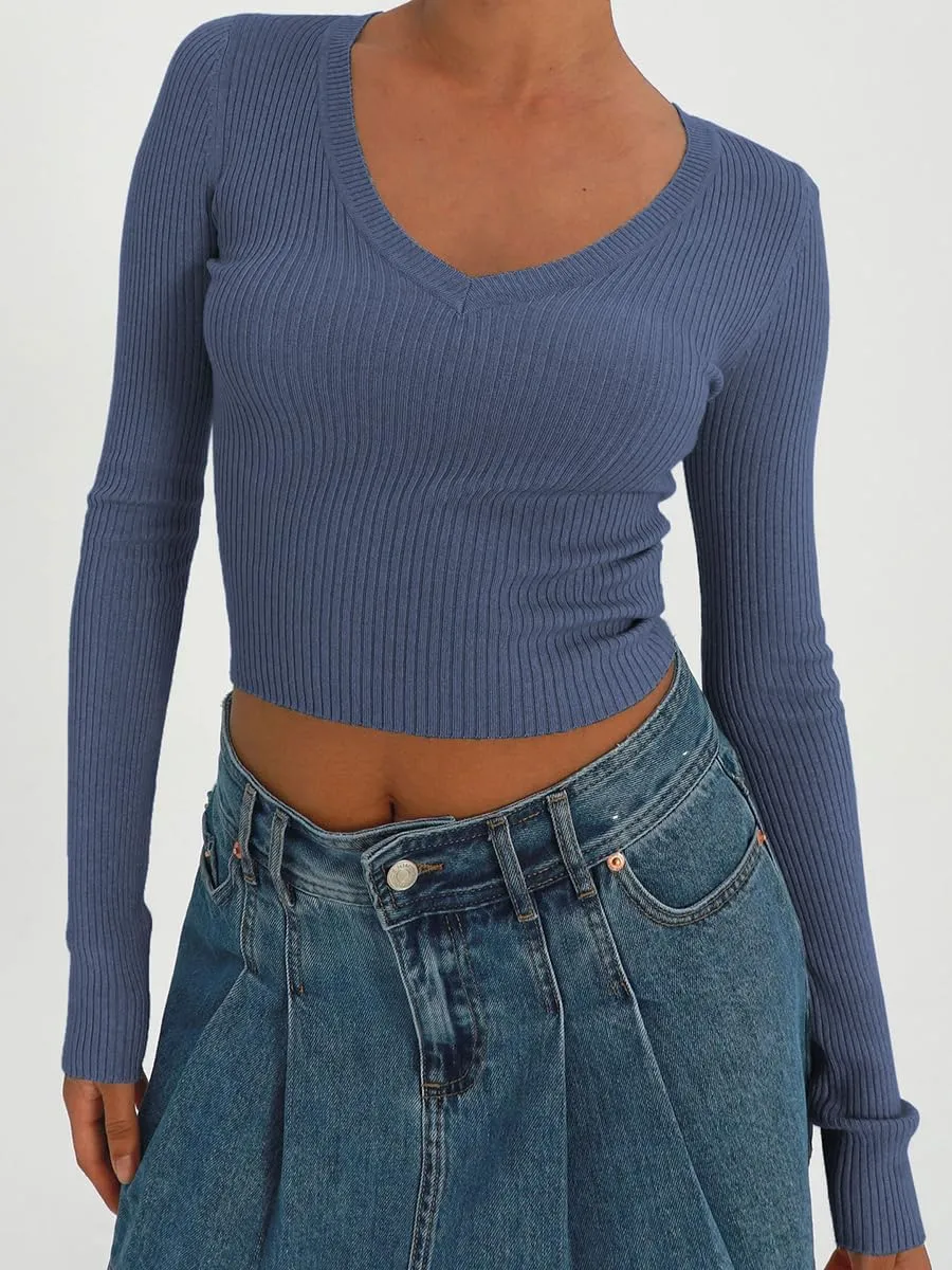 Women's Long Sleeve Sexy V Neck Slim Fit T Shirts Y2k Style Ribbed Knit Solid Color Casual Basic Tee Tops