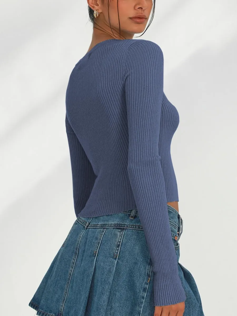 Women's Long Sleeve Sexy V Neck Slim Fit T Shirts Y2k Style Ribbed Knit Solid Color Casual Basic Tee Tops