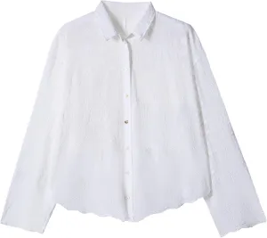 Womens Long Sleeve Shirt V Neck Hollow Embroidered Tops Button Front Blouse Casual Loose Dressy Shirts