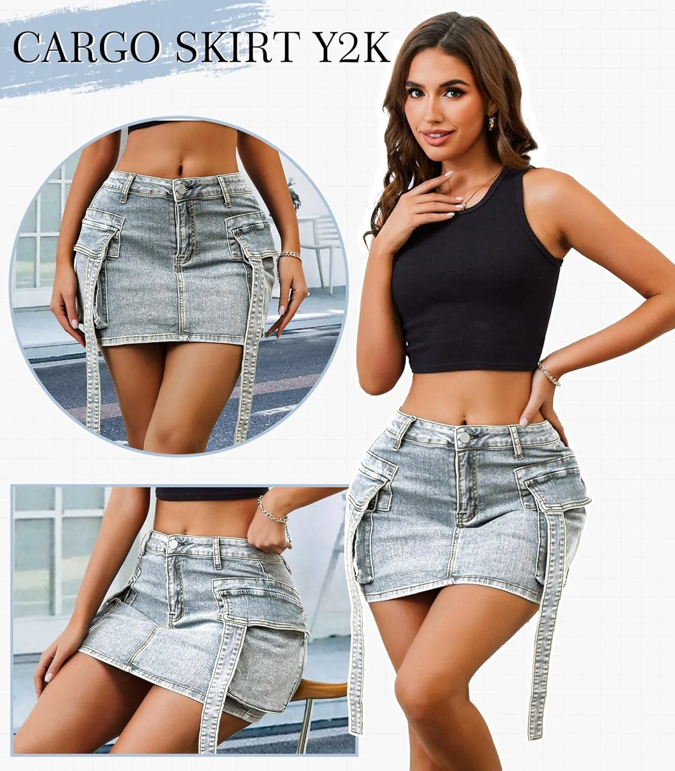 Womens Low Waist Denim Skirt Button Mini Cargo Jean Y2K Skirts with Pockets