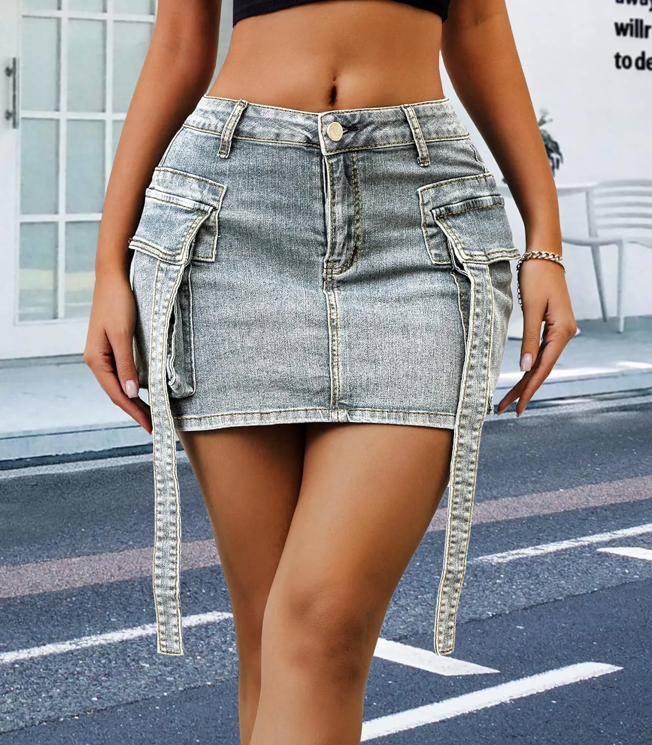 Womens Low Waist Denim Skirt Button Mini Cargo Jean Y2K Skirts with Pockets