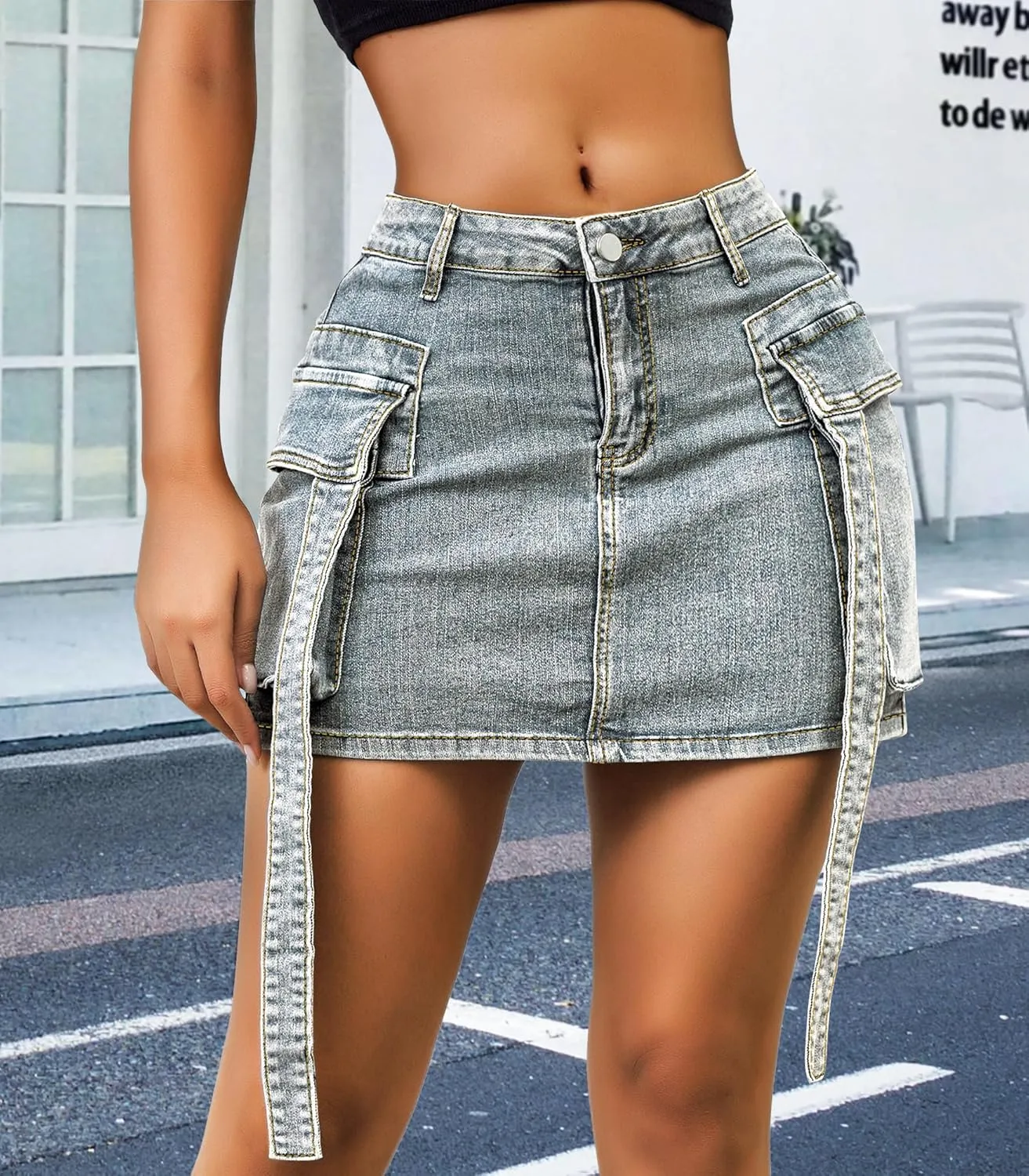 Womens Low Waist Denim Skirt Button Mini Cargo Jean Y2K Skirts with Pockets