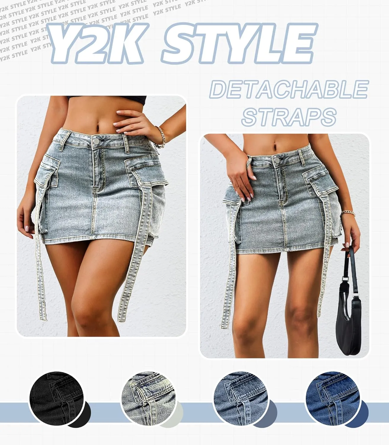 Womens Low Waist Denim Skirt Button Mini Cargo Jean Y2K Skirts with Pockets