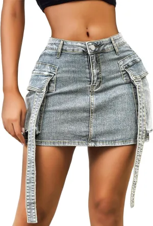 Womens Low Waist Denim Skirt Button Mini Cargo Jean Y2K Skirts with Pockets