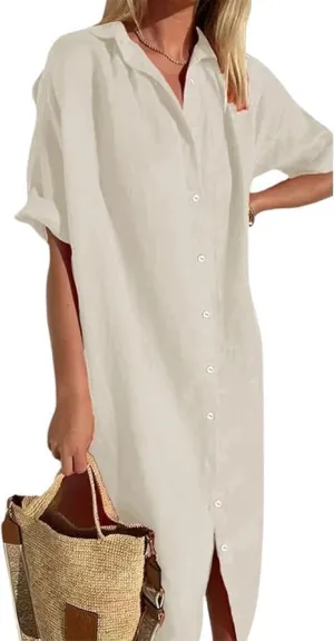 Womens Maxi Dress Button Down Rolled-Up Sleeve Cotton Linen Casual Dress Summer Vacation Beach Sundress