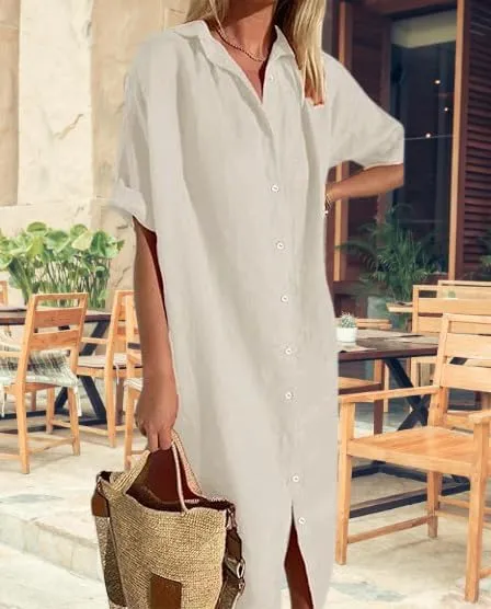 Womens Maxi Dress Button Down Rolled-Up Sleeve Cotton Linen Casual Dress Summer Vacation Beach Sundress