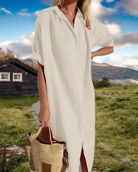 Womens Maxi Dress Button Down Rolled-Up Sleeve Cotton Linen Casual Dress Summer Vacation Beach Sundress