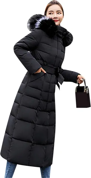Women's Maxi Pockets Long Down Jacket Long Sleeve Padded Puffer Jacket Winter Belted Faux Fur Hood Coat