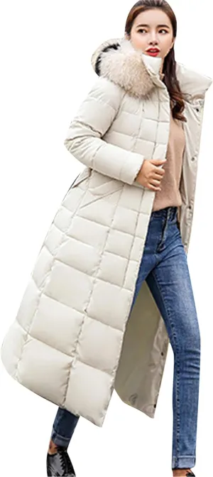 Women's Maxi Pockets Long Down Jacket Long Sleeve Padded Puffer Jacket Winter Belted Faux Fur Hood Coat