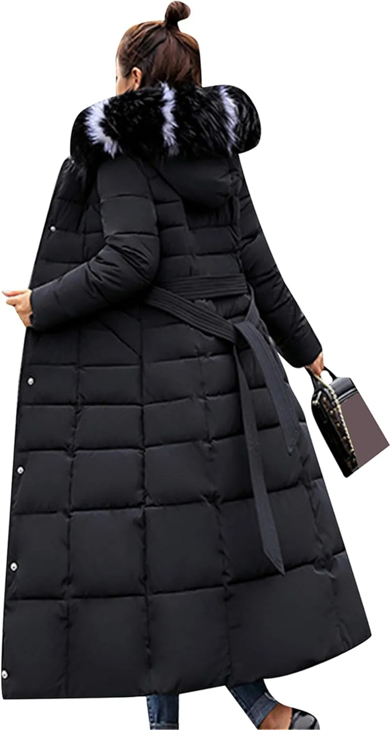 Women's Maxi Pockets Long Down Jacket Long Sleeve Padded Puffer Jacket Winter Belted Faux Fur Hood Coat
