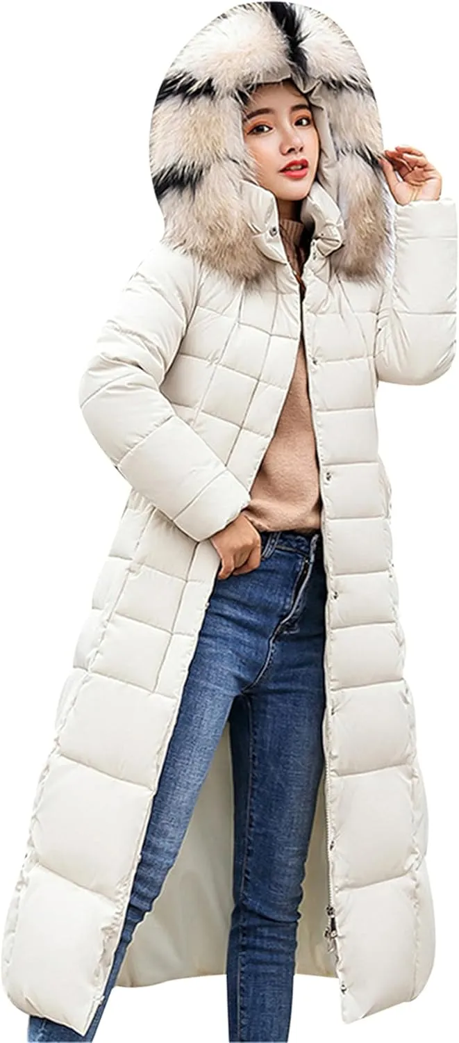Women's Maxi Pockets Long Down Jacket Long Sleeve Padded Puffer Jacket Winter Belted Faux Fur Hood Coat