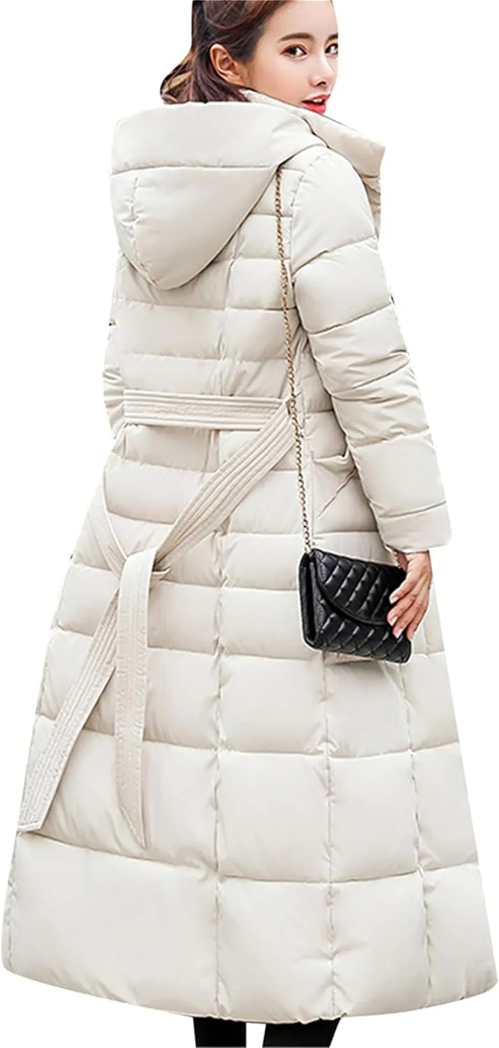 Women's Maxi Pockets Long Down Jacket Long Sleeve Padded Puffer Jacket Winter Belted Faux Fur Hood Coat