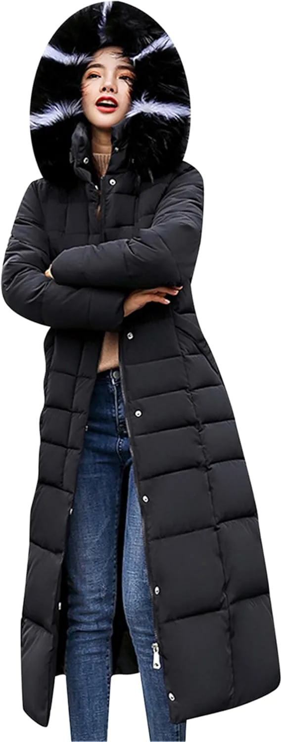 Women's Maxi Pockets Long Down Jacket Long Sleeve Padded Puffer Jacket Winter Belted Faux Fur Hood Coat