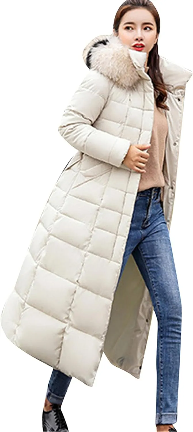 Women's Maxi Pockets Long Down Jacket Long Sleeve Padded Puffer Jacket Winter Belted Faux Fur Hood Coat