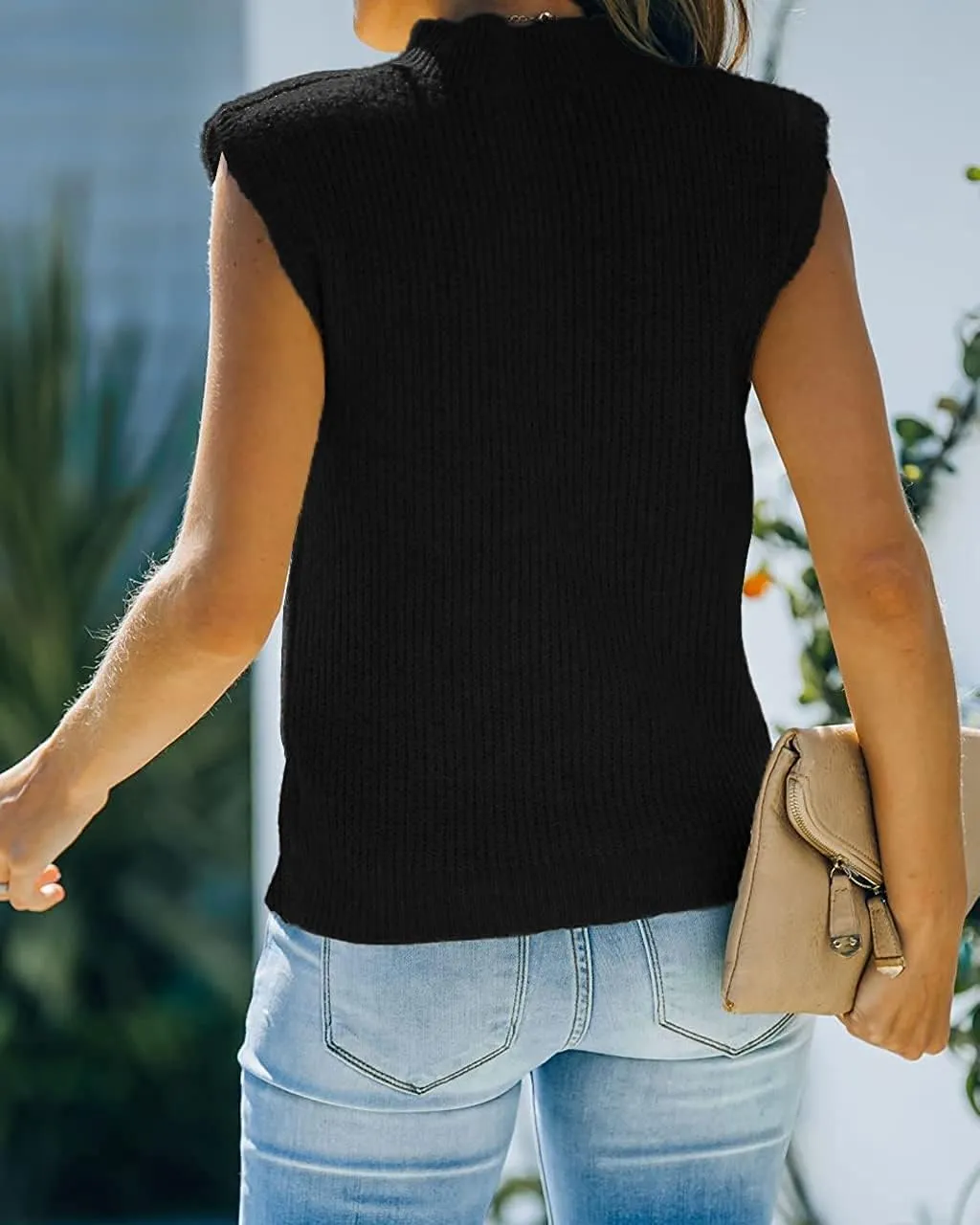 Women's Mock Neck Knit Sweater Vest Sleeveless Casual Trendy Summer Ribbed Pullover Tank Tops
