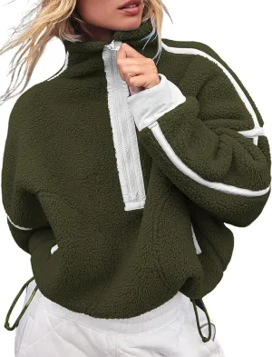 Women's Oversized Fleece Sweatshirt Long Sleeve Half Zip Sherpa Hoodie Fleece Pullover Top With Pockets