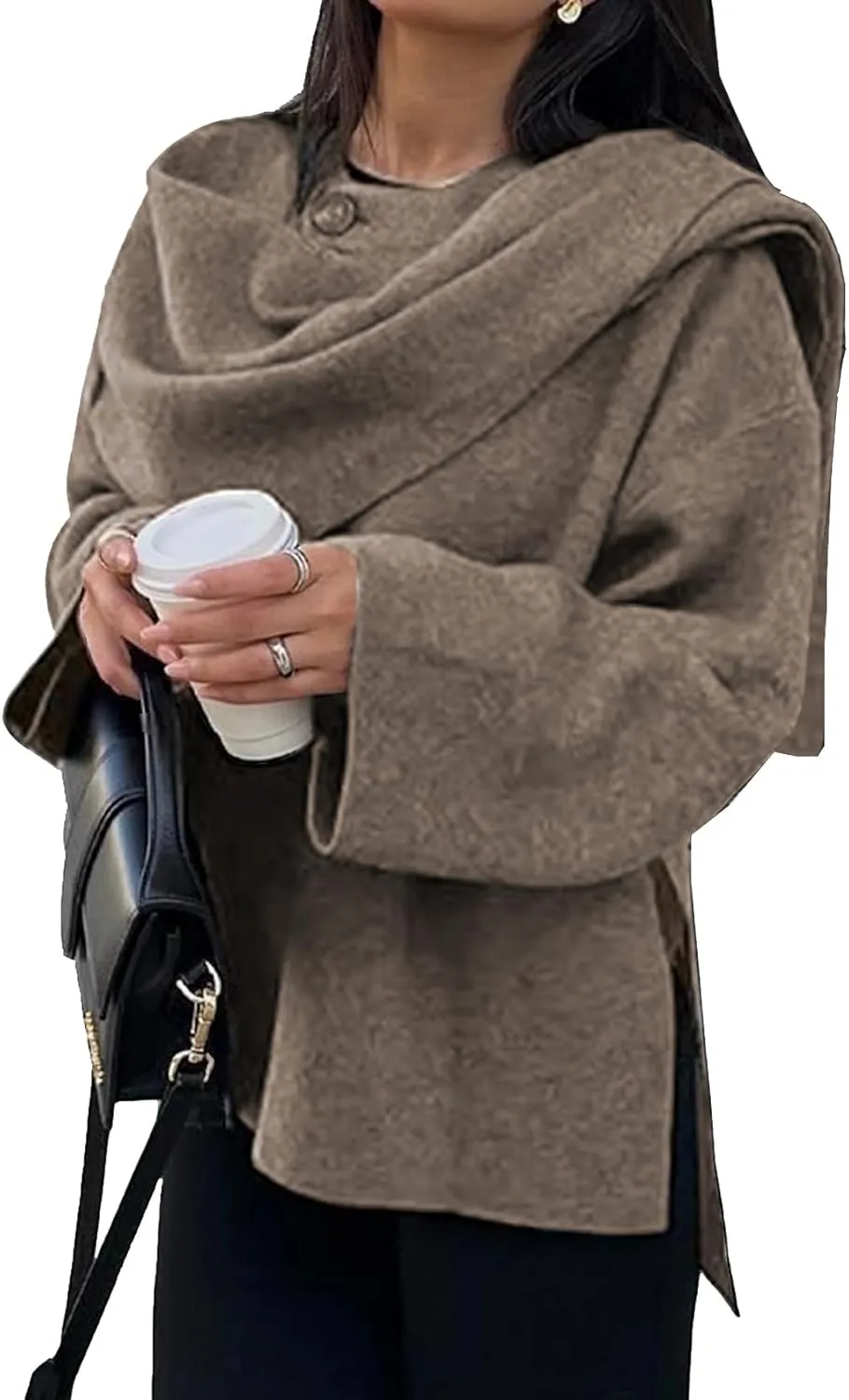Womens Oversized Scarf Jacket Wool Blend Coat Long Sleeve Button Wool Coats Overcoats