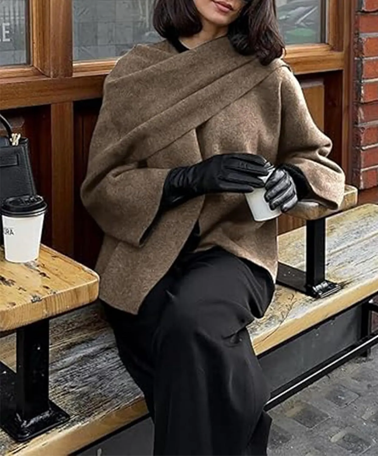 Womens Oversized Scarf Jacket Wool Blend Coat Long Sleeve Button Wool Coats Overcoats