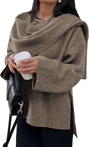Womens Oversized Scarf Jacket Wool Blend Coat Long Sleeve Button Wool Coats Overcoats