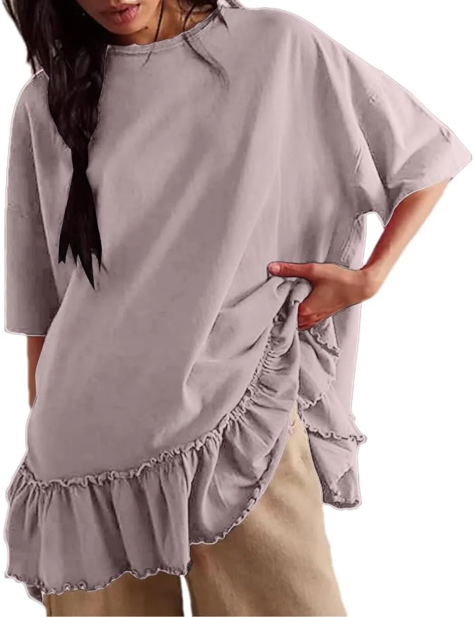 Womens Oversized Tee Shirt Casual Short Sleeve Ruffle Hem Shirts Loose Crew Neck Summer Tops
