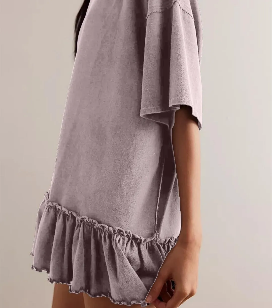 Womens Oversized Tee Shirt Casual Short Sleeve Ruffle Hem Shirts Loose Crew Neck Summer Tops