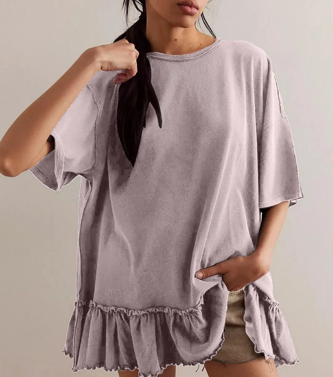 Womens Oversized Tee Shirt Casual Short Sleeve Ruffle Hem Shirts Loose Crew Neck Summer Tops