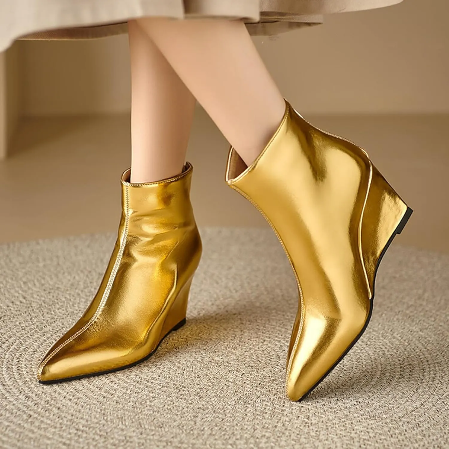 Women'S Patent Leather Shiny One-Piece Wedge Heel Fashion Ankle Boots With Back Zipper Sexy Pointed Block High Heel Non-Slip Chelsea Dress Party Ankle Boots
