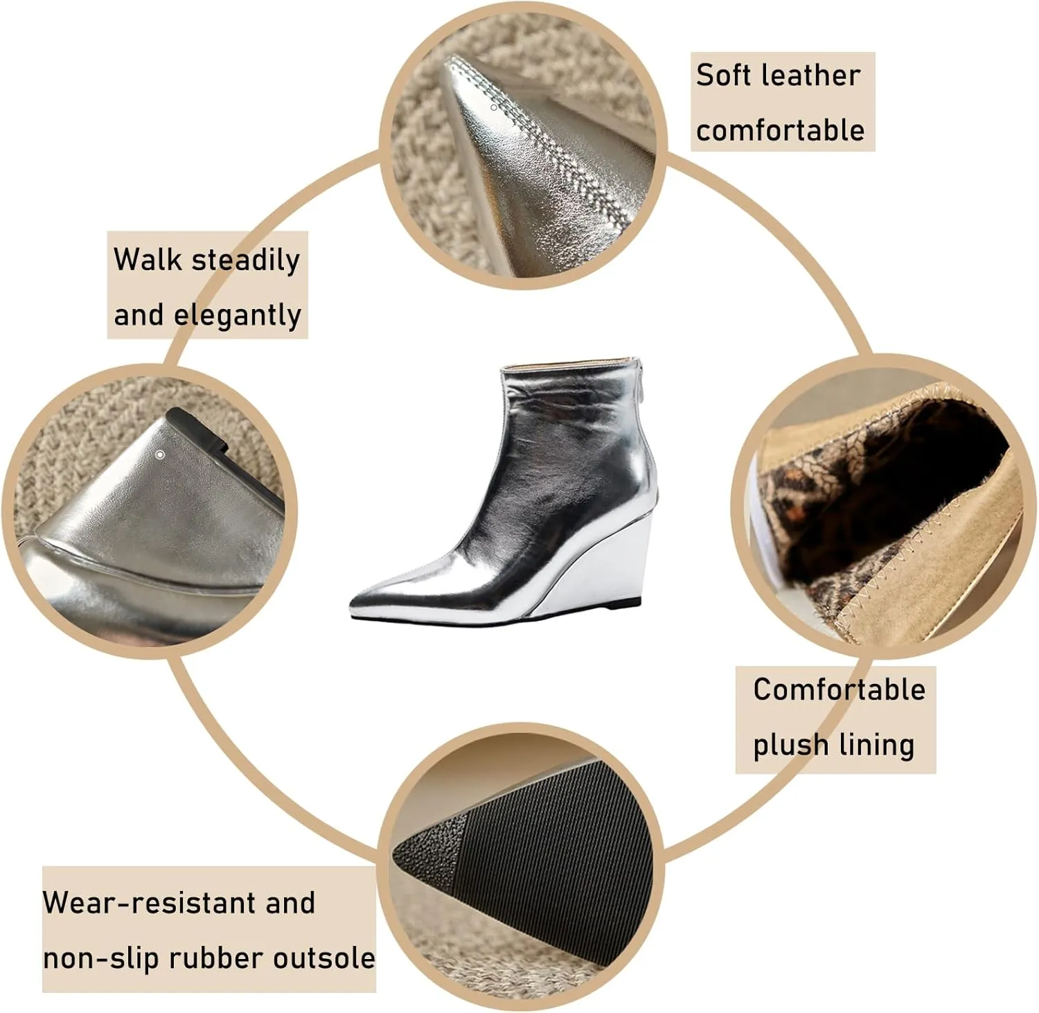 Women'S Patent Leather Shiny One-Piece Wedge Heel Fashion Ankle Boots With Back Zipper Sexy Pointed Block High Heel Non-Slip Chelsea Dress Party Ankle Boots